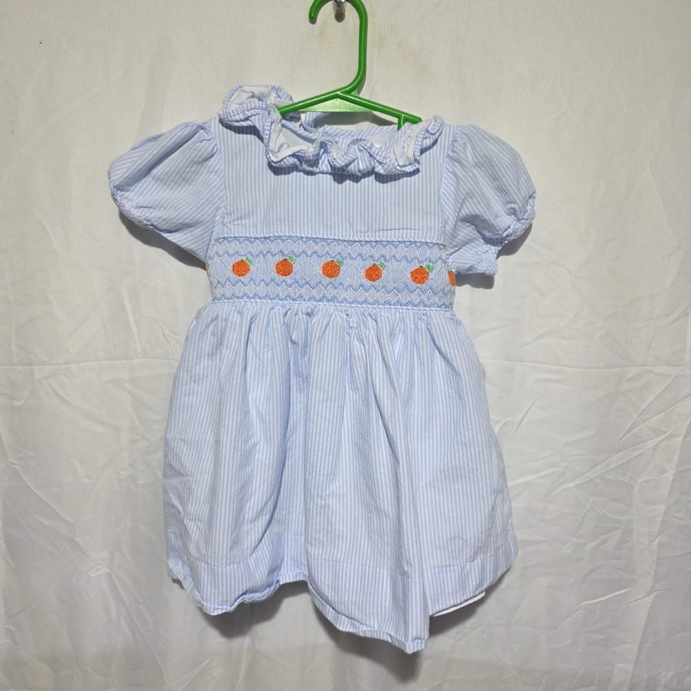 Cecil and Lou Baby Girl Blue Seersucker Smocked Pumpkin Dress 18M